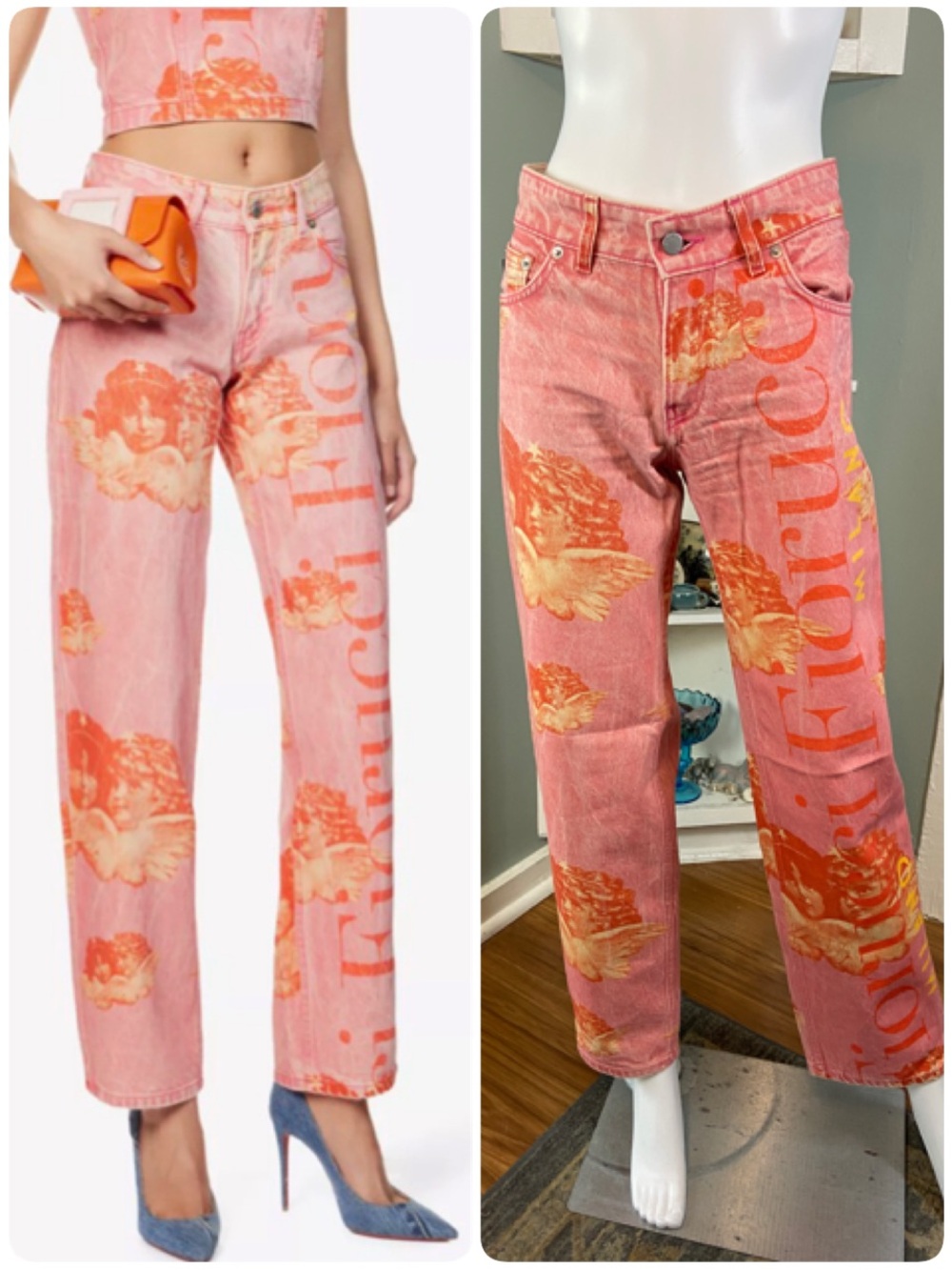 Fiorucci Sz 26 Angel Logo Pink Straight-Leg Jeans Orange Cherub Organic Cotton